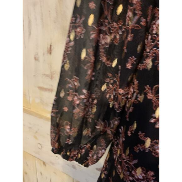 Aqua Floral Metallic Gold Print V-Neck Cocktail Party Mini Dress Long Sleeves XS - Picture 3 of 16